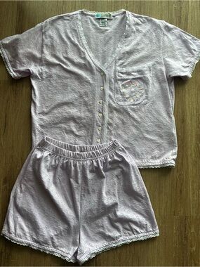 VTG 90s Lavender Purple Hearts Embroidered 2-piece pyjama / lounge set - shorts